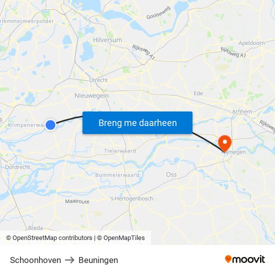 Schoonhoven to Beuningen map