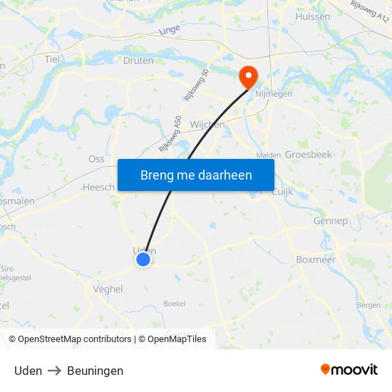 Uden to Beuningen map