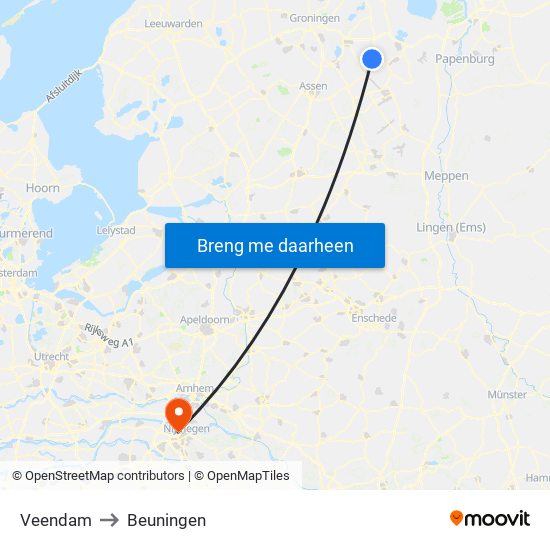 Veendam to Beuningen map