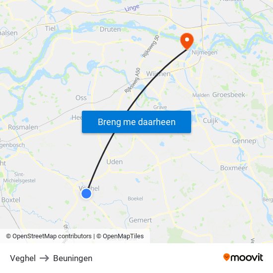 Veghel to Beuningen map