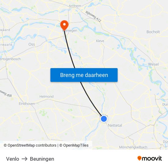 Venlo to Beuningen map