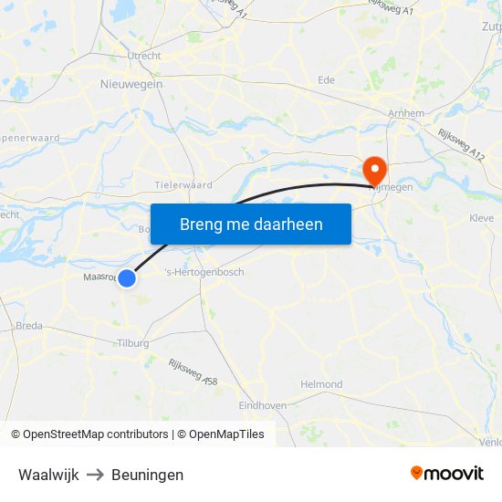 Waalwijk to Beuningen map