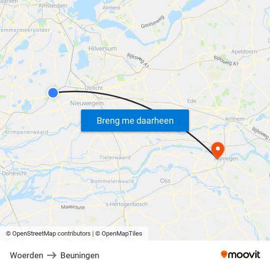 Woerden to Beuningen map