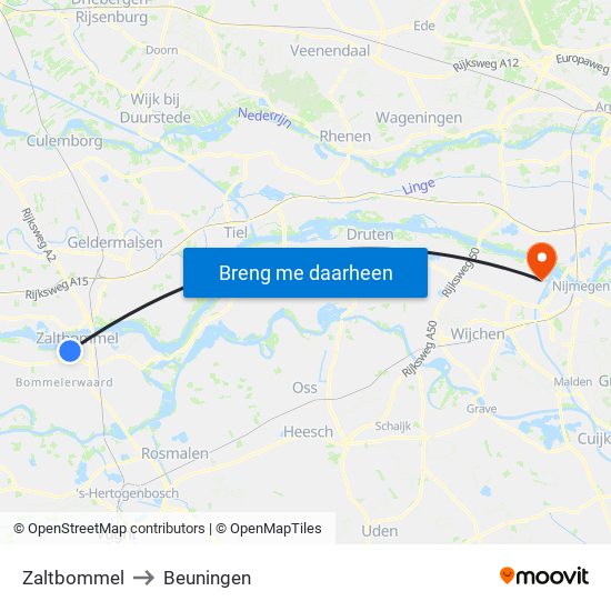 Zaltbommel to Beuningen map