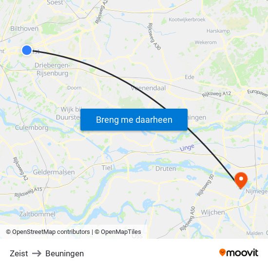 Zeist to Beuningen map