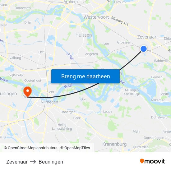 Zevenaar to Beuningen map