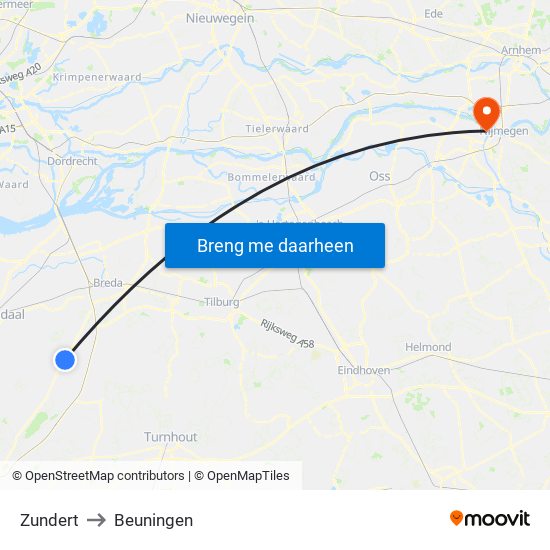 Zundert to Beuningen map