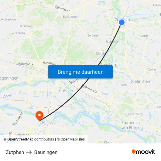 Zutphen to Beuningen map