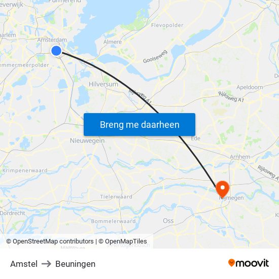 Amstel to Beuningen map