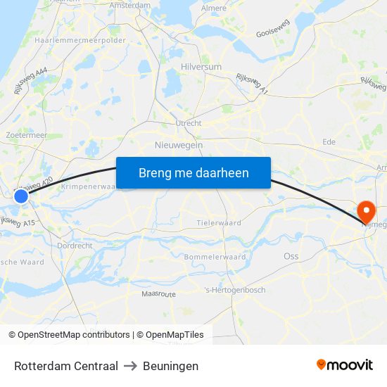 Rotterdam Centraal to Beuningen map