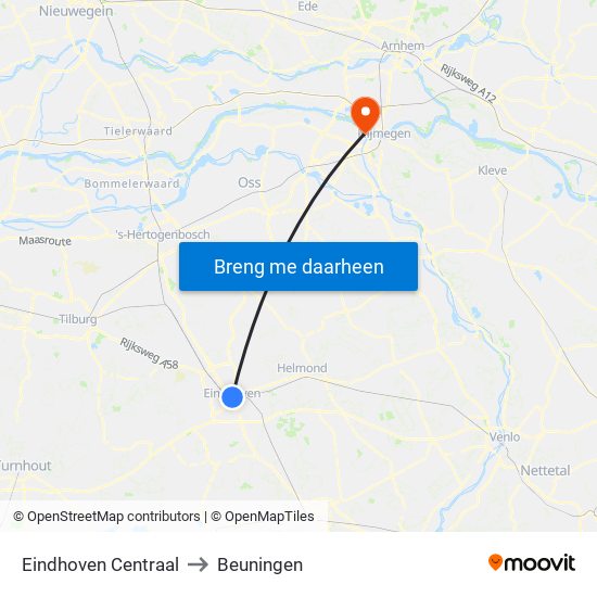 Eindhoven Centraal to Beuningen map