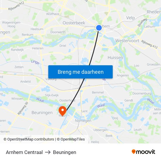 Arnhem Centraal to Beuningen map