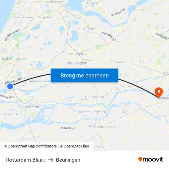 Rotterdam Blaak to Beuningen map
