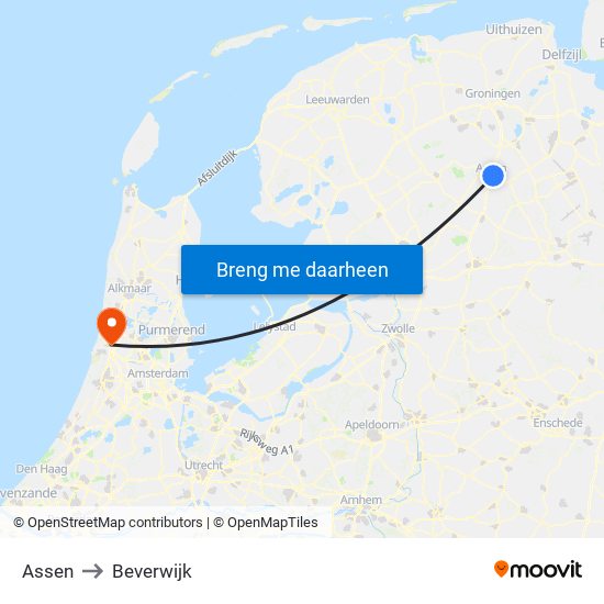 Assen to Beverwijk map