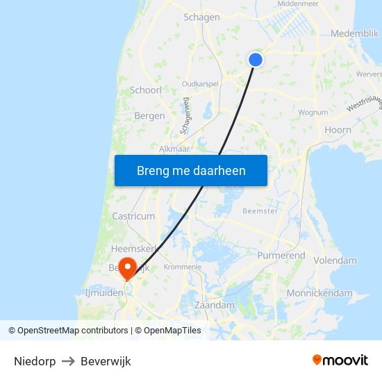 Niedorp to Beverwijk map