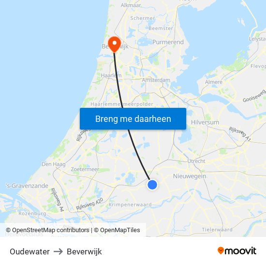 Oudewater to Beverwijk map