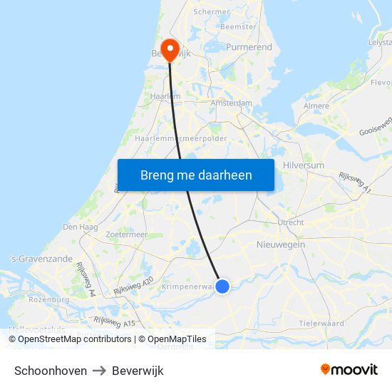 Schoonhoven to Beverwijk map