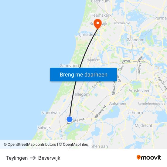 Teylingen to Beverwijk map