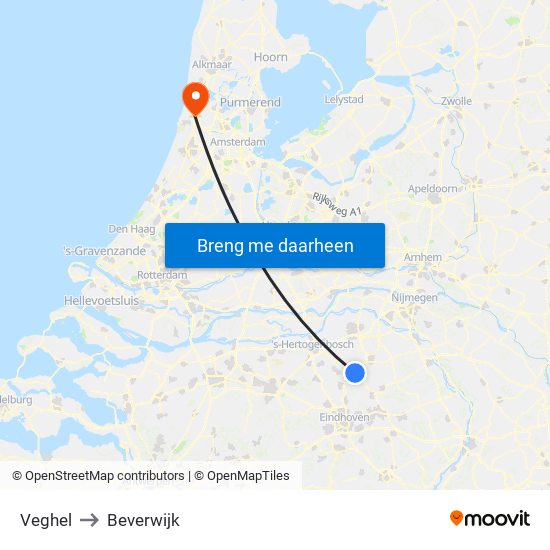 Veghel to Beverwijk map