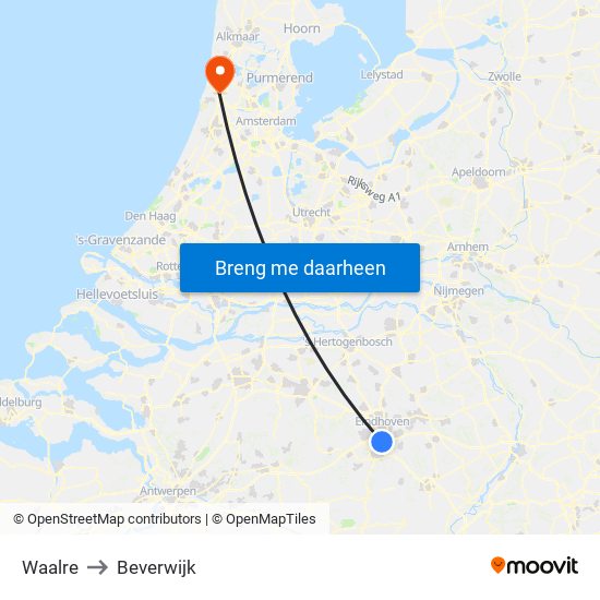 Waalre to Beverwijk map