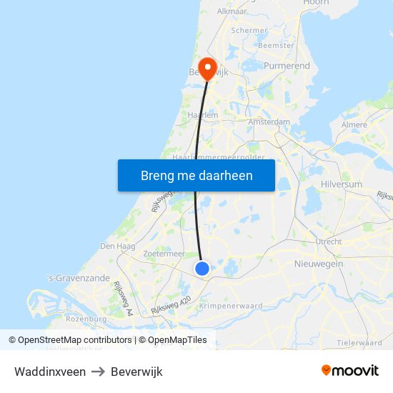 Waddinxveen to Beverwijk map