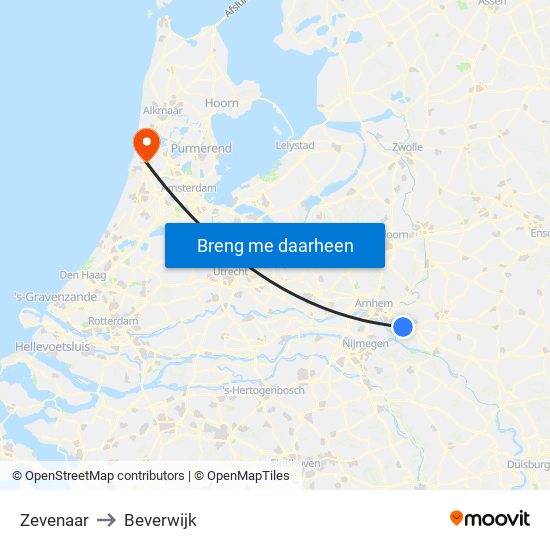 Zevenaar to Beverwijk map