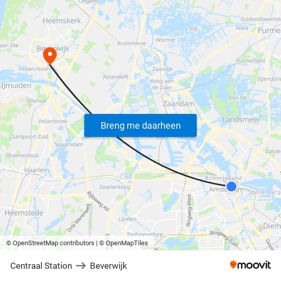 Centraal Station to Beverwijk map