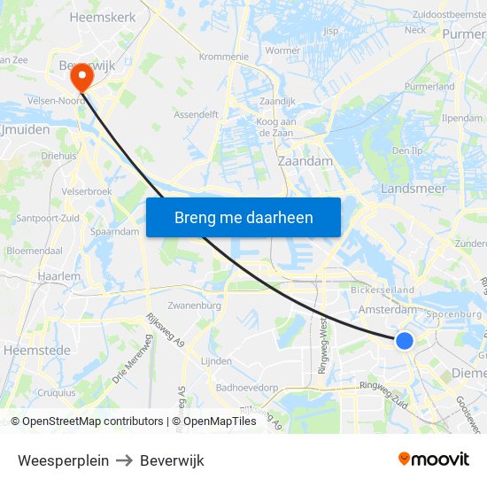Weesperplein to Beverwijk map