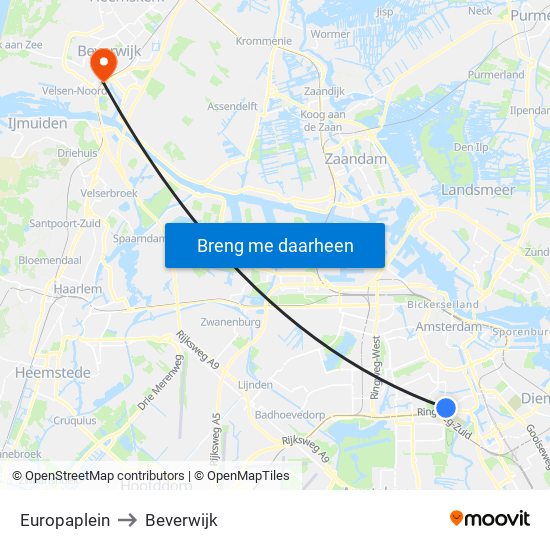 Europaplein to Beverwijk map