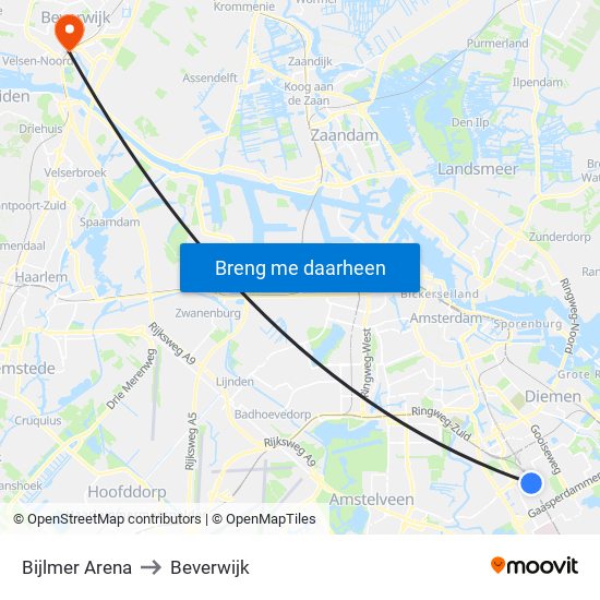 Bijlmer Arena to Beverwijk map