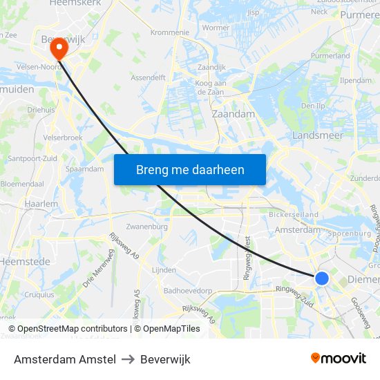 Amsterdam Amstel to Beverwijk map