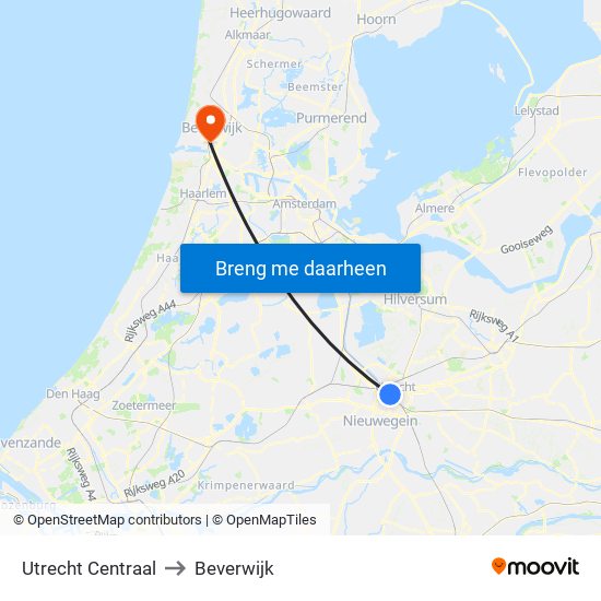Utrecht Centraal to Beverwijk map