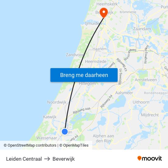Leiden Centraal to Beverwijk map