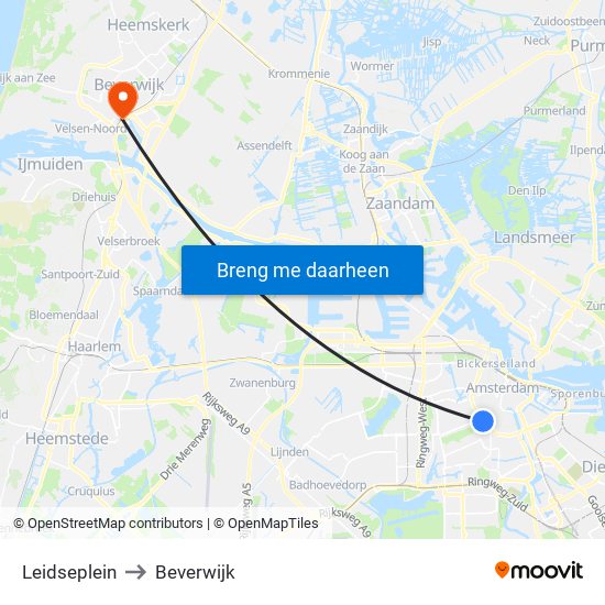 Leidseplein to Beverwijk map