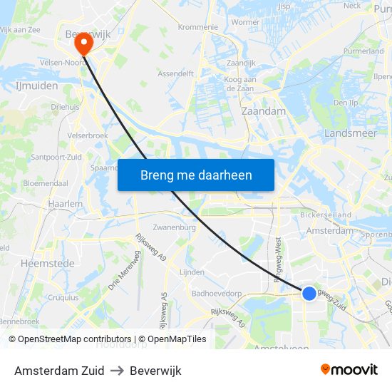 Amsterdam Zuid to Beverwijk map