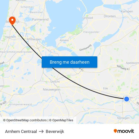Arnhem Centraal to Beverwijk map