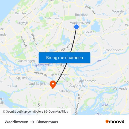 Waddinxveen to Binnenmaas map