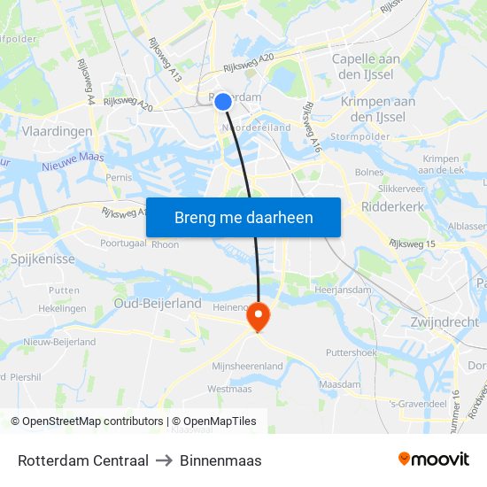 Rotterdam Centraal to Binnenmaas map
