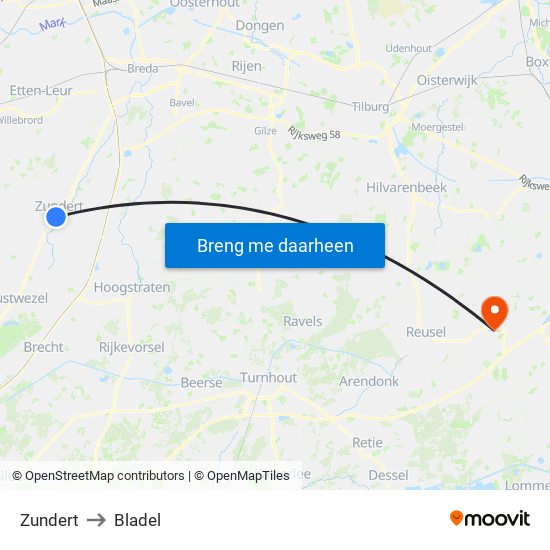 Zundert to Bladel map