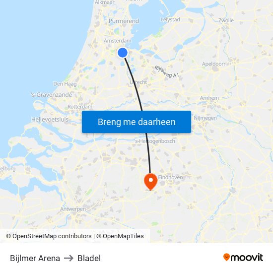 Bijlmer Arena to Bladel map