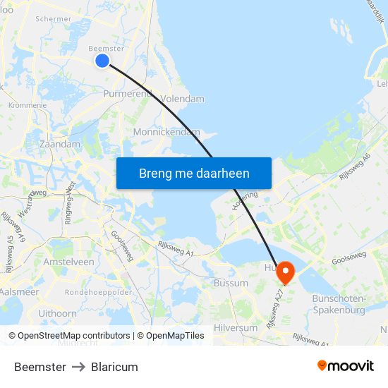 Beemster to Blaricum map
