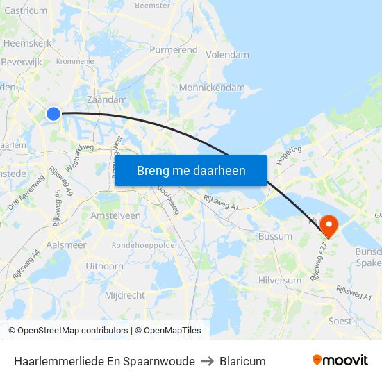 Haarlemmerliede En Spaarnwoude to Blaricum map