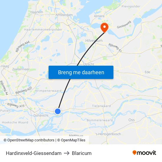 Hardinxveld-Giessendam to Blaricum map