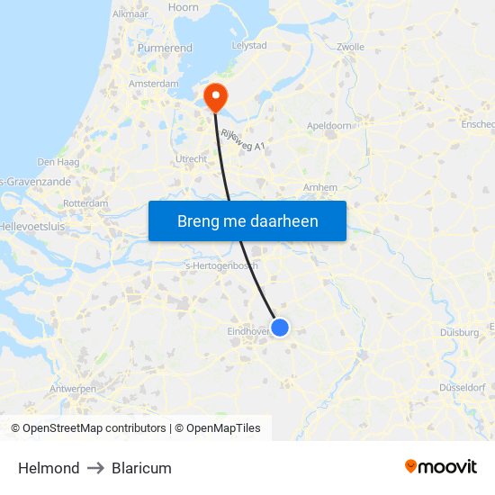 Helmond to Blaricum map