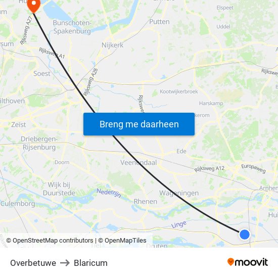 Overbetuwe to Blaricum map