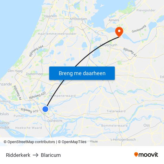 Ridderkerk to Blaricum map