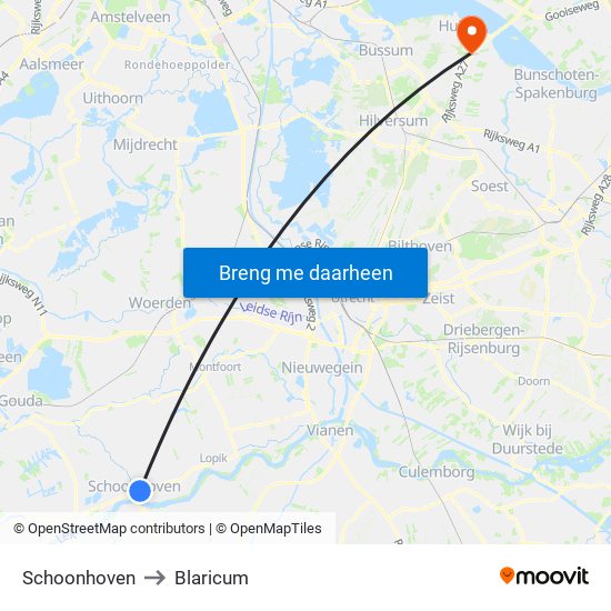 Schoonhoven to Blaricum map