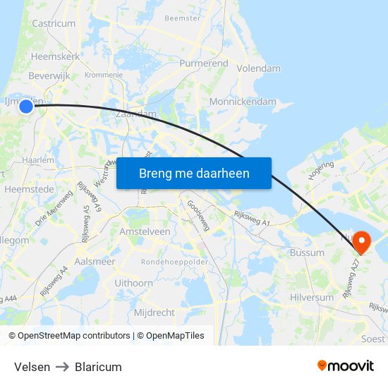 Velsen to Blaricum map