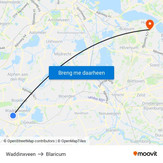 Waddinxveen to Blaricum map