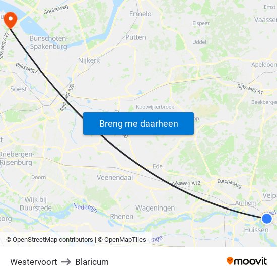 Westervoort to Blaricum map